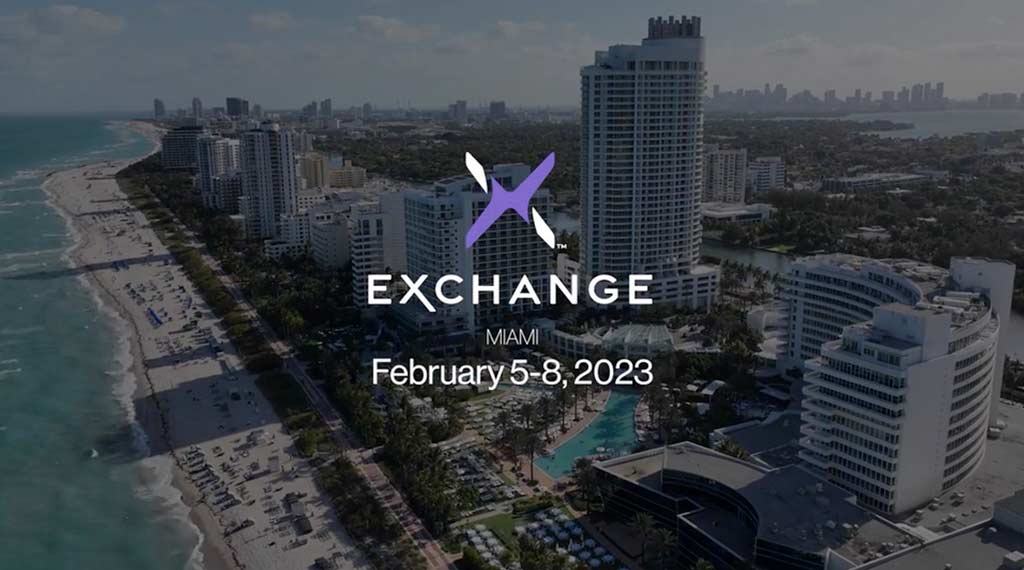 Exchange logo over view of hotel. Feb 5-8, 2023